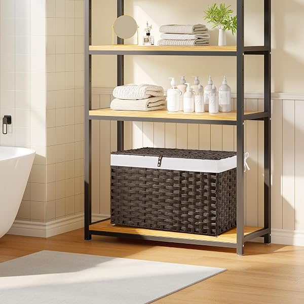 GREENSTELL STORAGE BASKET WITH LID, 42.3 GALLON(160L) LAGRE WICKER BLANKET STORAGE BASKET WITH HANDLES, FOLDABLE, 2 REMOVABLE LINER BAGS, METAL FRAME, FOR BEDROOM, LAUNDRY ROOM, BROWN, 30″*18.1″*18.1″