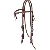 Weaver Equine Working Tack Browband Horse Headstall, Adjustable Fit | Weighted Harness Leather, Engraved Oval Buckles and Conchos, Pewter Cheek Spot Accents, Western Detail, Floral