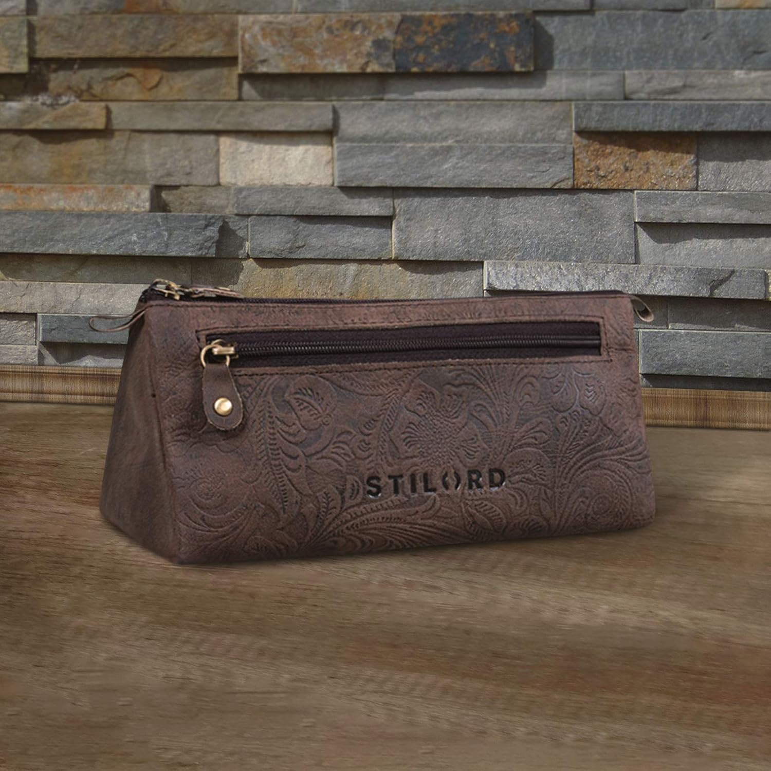 STILORD "Alexis" Leather Pencil Pouch Vintage Pen Case Holder with Zipper for Women Men for School Office in Genuine Leather Colour:Canyon - Image 3
