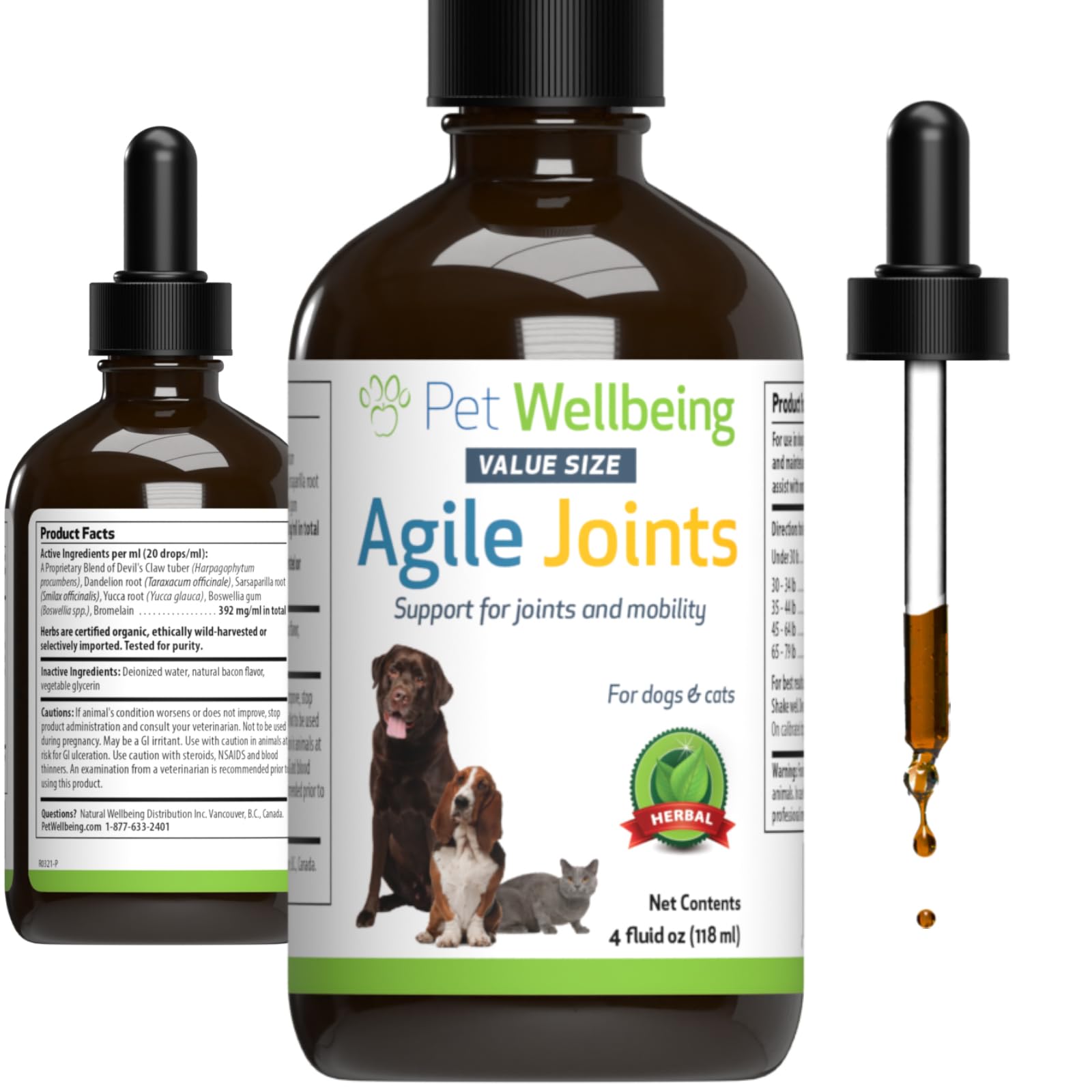 Pet Wellbeing Agile Joints for Dogs & Cats - Hip and Joint Health, Mobility, Devil’s Claw, Boswellia, Joint Ligament and Cartilage - Veterinarian-Formulated Herbal Supplement 4 oz (118 ml)