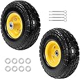 LTNICER 10" Solid Rubber Tires and Yellow Wheels 4.10/3.50-4 (10 x 3.5) Flat Free Tire with 5/8" Bearings,Heavy-Duty Replacement Tire For Gorilla Carts,Wagon,Wheelbarrow,Garden cart(2 Pack)