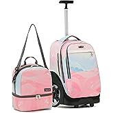 NEW TILAMI 19 Inch Rolling Backpack with Lunch Bag for Girls Boys Wheeled Laptop Backpack Durable Carry-on Bag School Travel, Pink