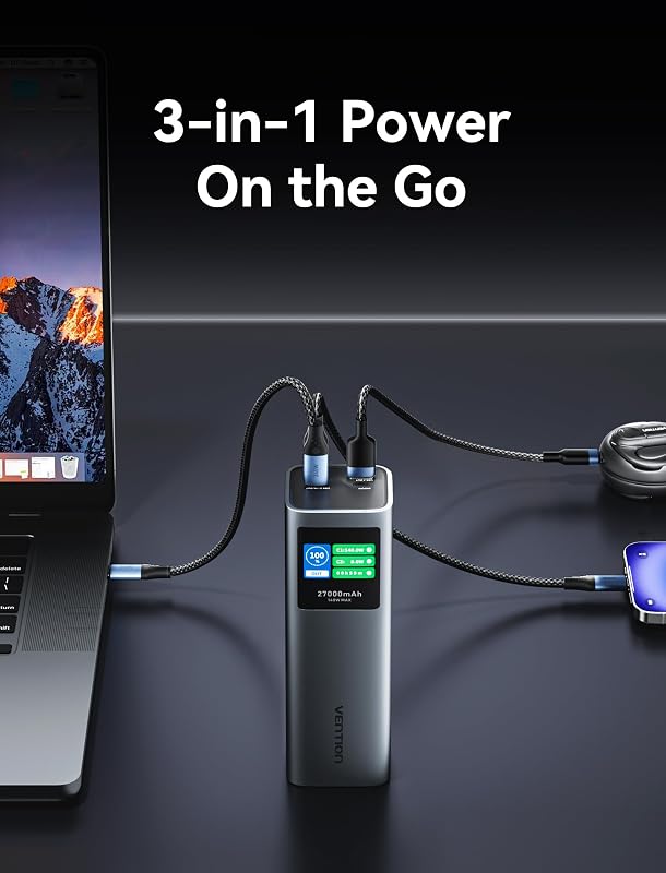 Power Bank 27000mAh 140W, bateria externa de carregamento rápido com ecrã TFT, 3 portas USB-C/USB-A, Compatível com MacBook Pro, iPhone 15/14/13, iPad Pro, Galaxy S24, DELL, HP e mais