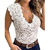 xxxiticat Women's Lace Tank Top Sleeveless V-Neck Floral Casual Scalloped Trim See Through Sheer Tunic Blouse Tee Shirt