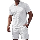 JMIERR Mens 2 Piece Jacquard Knit Outfits 1/4 Zip Golf Polo Shirt Shorts Set Casual Tracksuits for Beach Daily