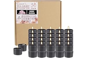 WFMOLCAND 50 Pack Clear Cup Tealight Candles, Cherry Blossom Scented Candle for Weddings Emergencies,Parties and Emergency, Smokeless, 8 Hour Long Burning (Black)