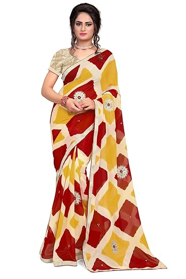 Womens Faux Georgette Patch Work Printed Saree With Un-Stitched Blouse Fabric (6431 - Red, Yellow - Free Size)