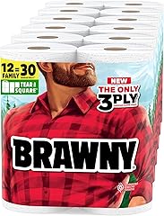 Brawny Tear-A-Square 3-Ply Paper Towels, 12 XL Family Rolls = 30 Regular Rolls, Strong, Absorbent, and Durable with 3 Sheet S