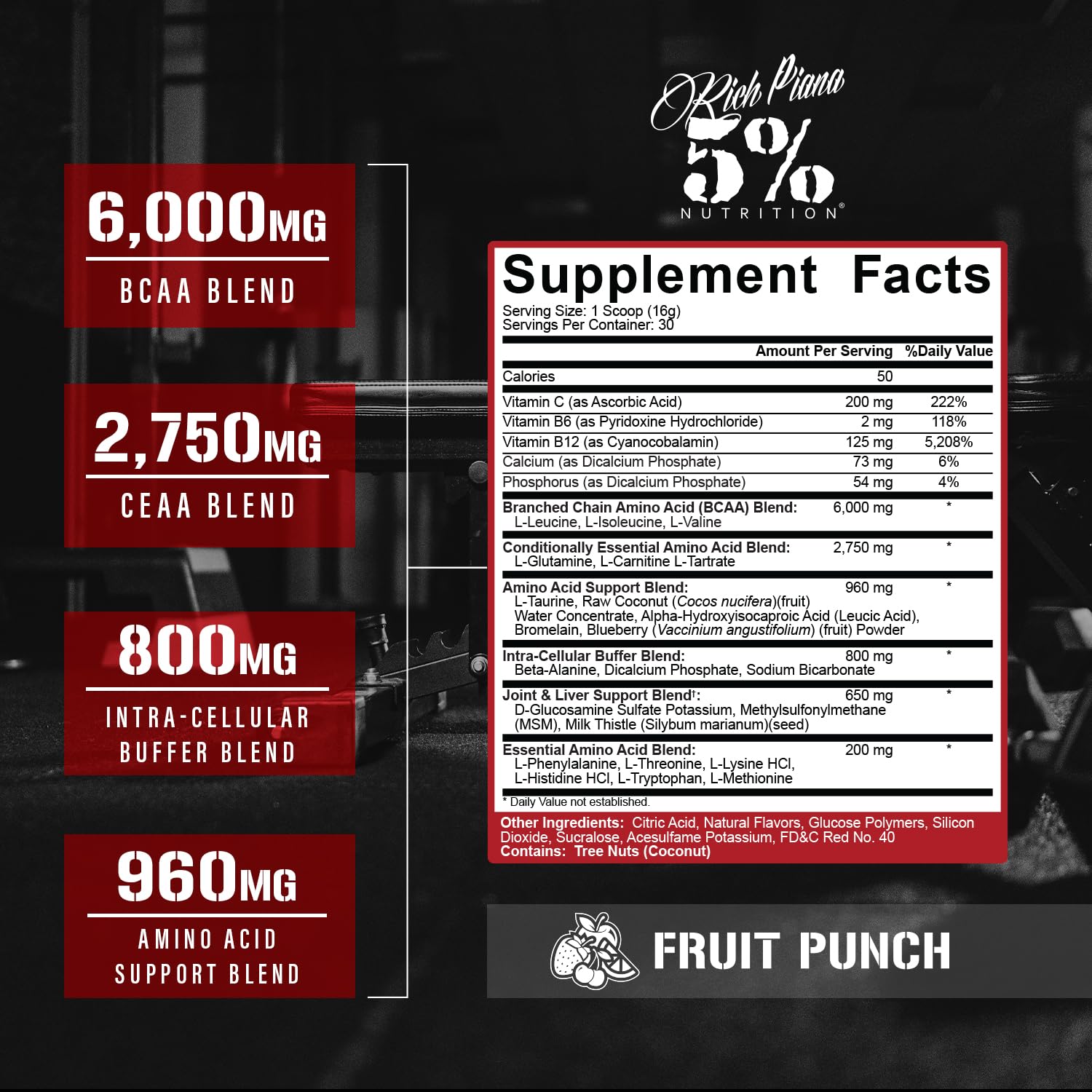 5% Nutrition Rich Piana AllDayYouMay BCAA Powder | Premium Intra & Post Workout Amino Acids, Hydration, Endurance, Muscle Recovery, Joint & Liver Support | 16.93 oz, 30 Servings (Fruit Punch)