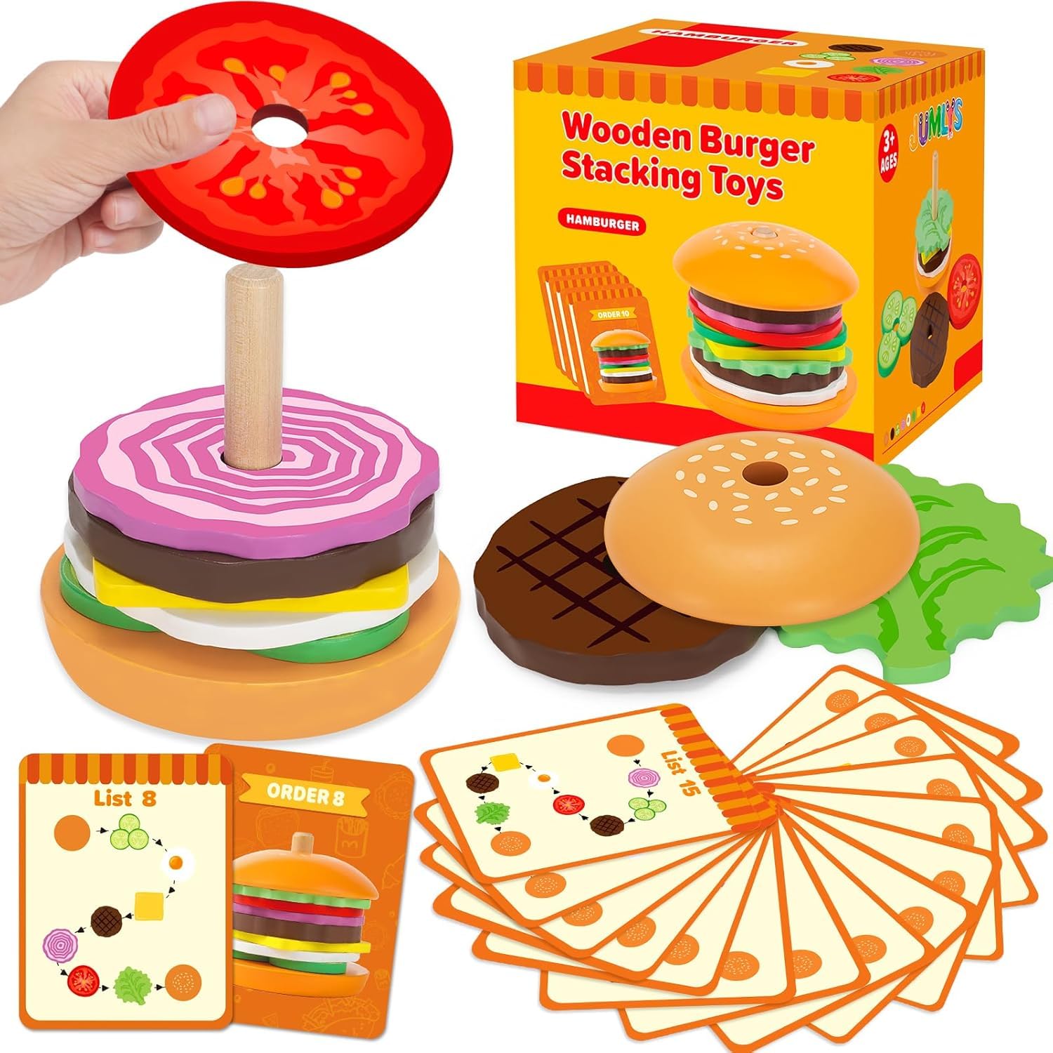 SBWBZB Wooden Hamburger Stacking Toys Montessori Toys for 3-6 Year Old Wooden Toys Montessori Educational Toys for 2-3 Year Olds for Boys Girls Stacking ToysGifts for Birthday Present Age 3 4 5 (1)