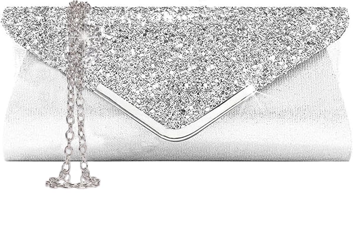 Fioeyr Women Glitter Envelope Clutch Bag Elegant Sequins Evening Clutch Purse Chain Shoulder Bags Sparkly Silver Evening Bridal Prom Party Handbag Purse