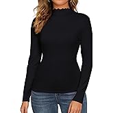 Mock Neck Tops for Women Long Sleeve Shirts Lettuce Trim Casual Slim Fit Tee Shirt Fall Layer Clothes Outfits 2025