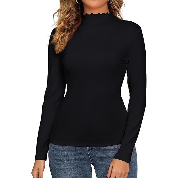 POPZONE Women's Black Mock Neck Ribbed Long Sleeve Tops Slim