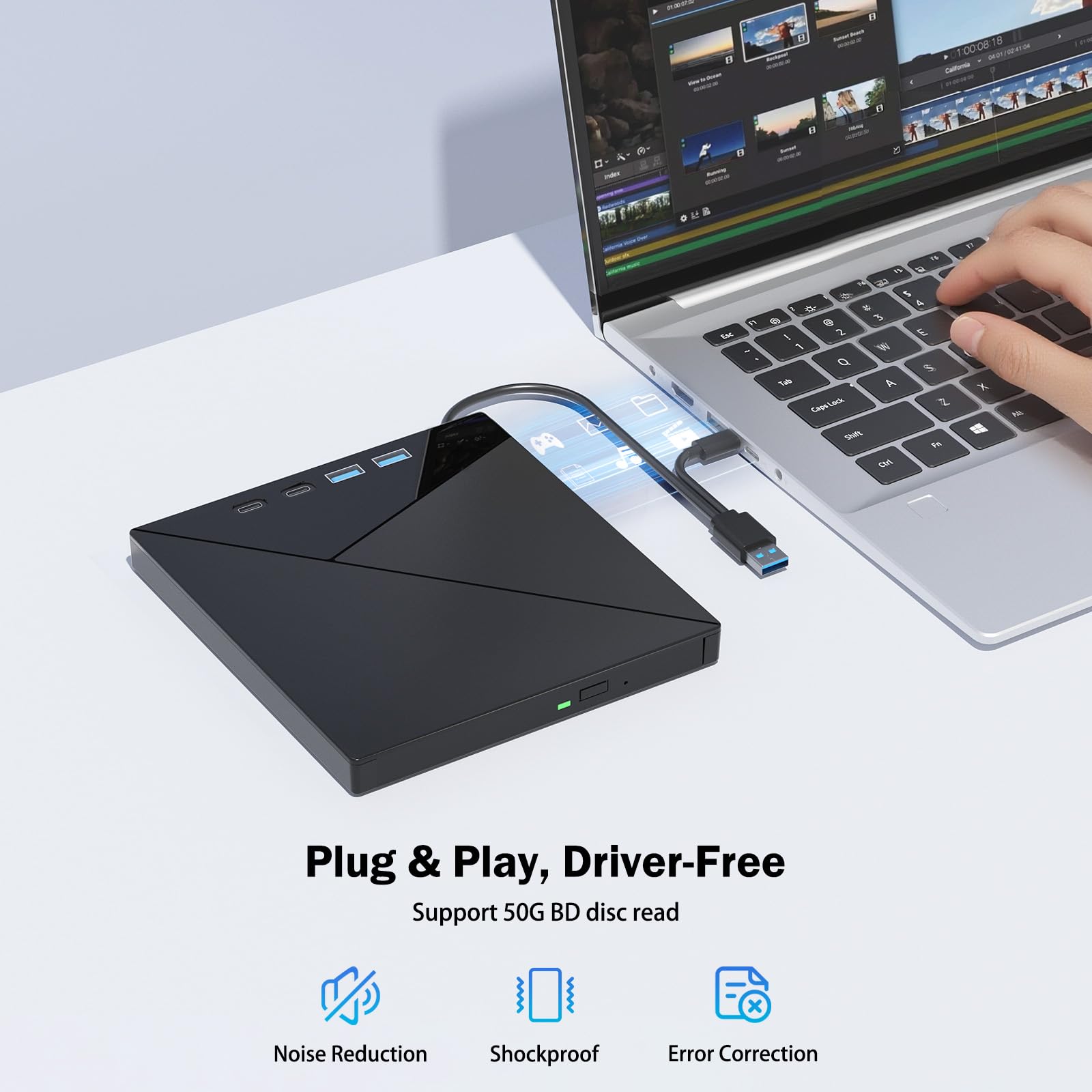 7 in 1 External Blu Ray Drive, 4k Blu Ray Burner with USB 3.0 Type-C Portable Blu Ray Drive, CD DVD Burner 3D BD Player with SD/TF Ports, 4k Optical Drive Compatible with Windows MacOS Laptop Desktop