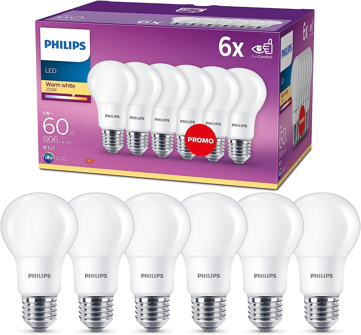 Philips LED E27 Frosted Light Bulbs, 8 W (60 W) - Warm White, Pack of 6, Standard Range