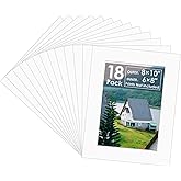 18 Pack Picture Mats, 8x10 for 6x8 Picture Frame Mats, Acid Free Core Bevel Cut Picture Frame Mattes for Photos Artworks Prints (White)