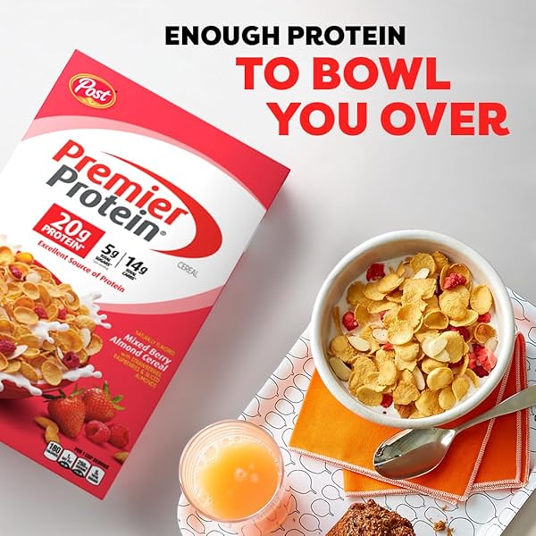 POST PREMIER PROTEIN MIXED BERRY ALMOND CEREAL, PROTEIN CEREAL FLAKES MIXED WITH DRIED BERRIES AND SLICED ALMONDS, CONTAINS 20G OF PROTEIN PER SERVING, 9 OZ BOX