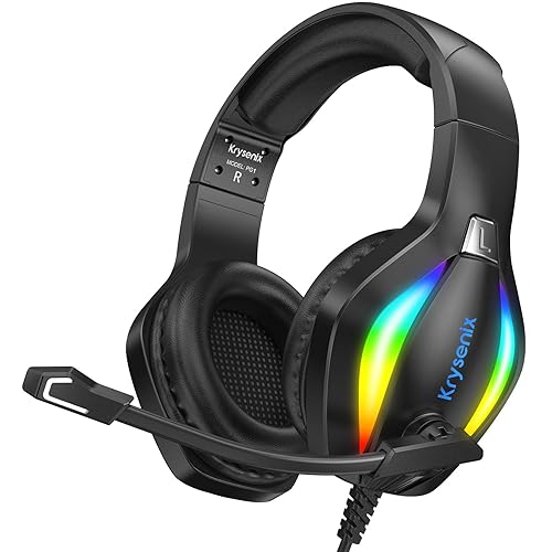 Krysenix PG1 Gaming Headset for PS4, PS5, PC, Xbox one, Switch, Wired Gamer Headphones with LED Light, Ergonomic Design Over Ear Computer Headset with AI Stereo Microphone & 3.5mm Jack, Black