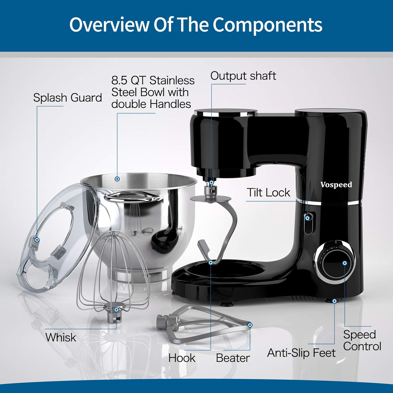 Vospeed Stand Mixer 8L Cake Mixer Electric Kitchen Food Mixer with Stainless Steel Bowl, Beater, Dough Hook - Image 3