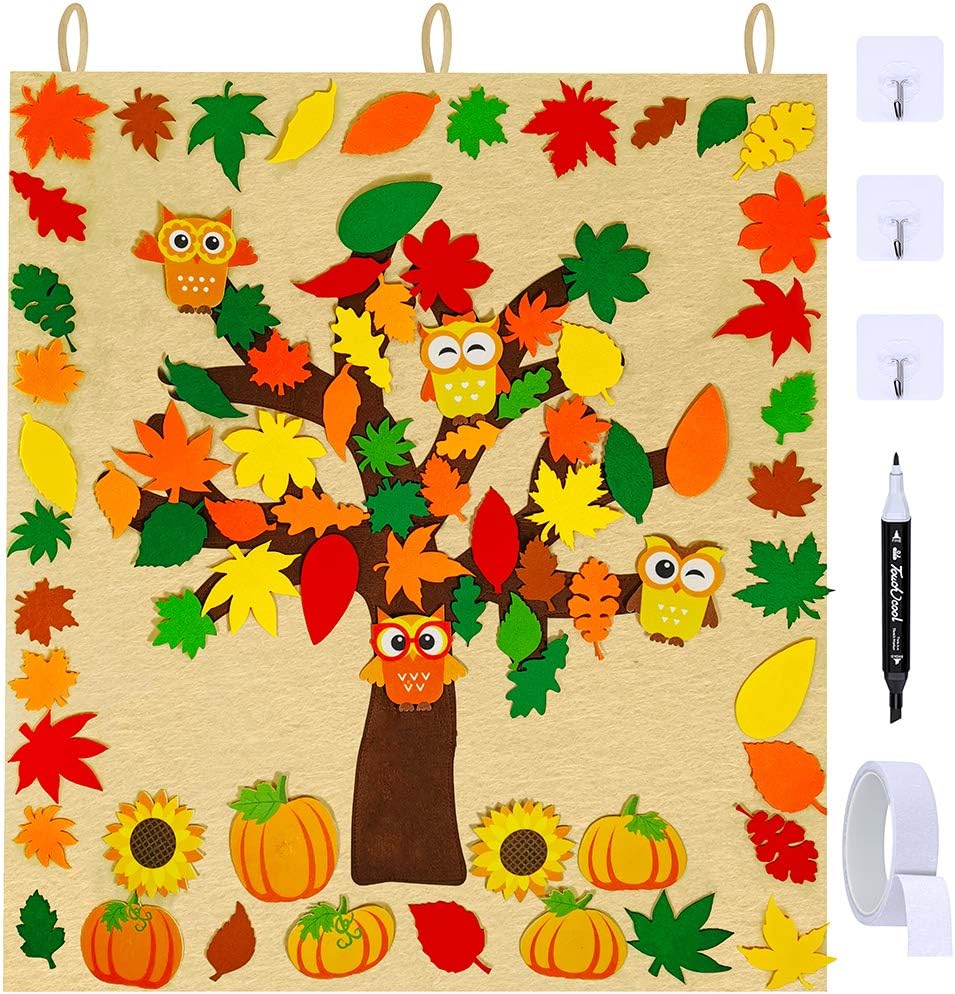 Winlyn Fall Tree of Thanks Craft Kit Fall Felt Bulletin Board Set Felt Fall Tree Board with 81 PCS Detachable Autumn Leaf Pumpkin Owl Sunflower Ornaments for Kids Classroom Craft Thanksgiving Activity