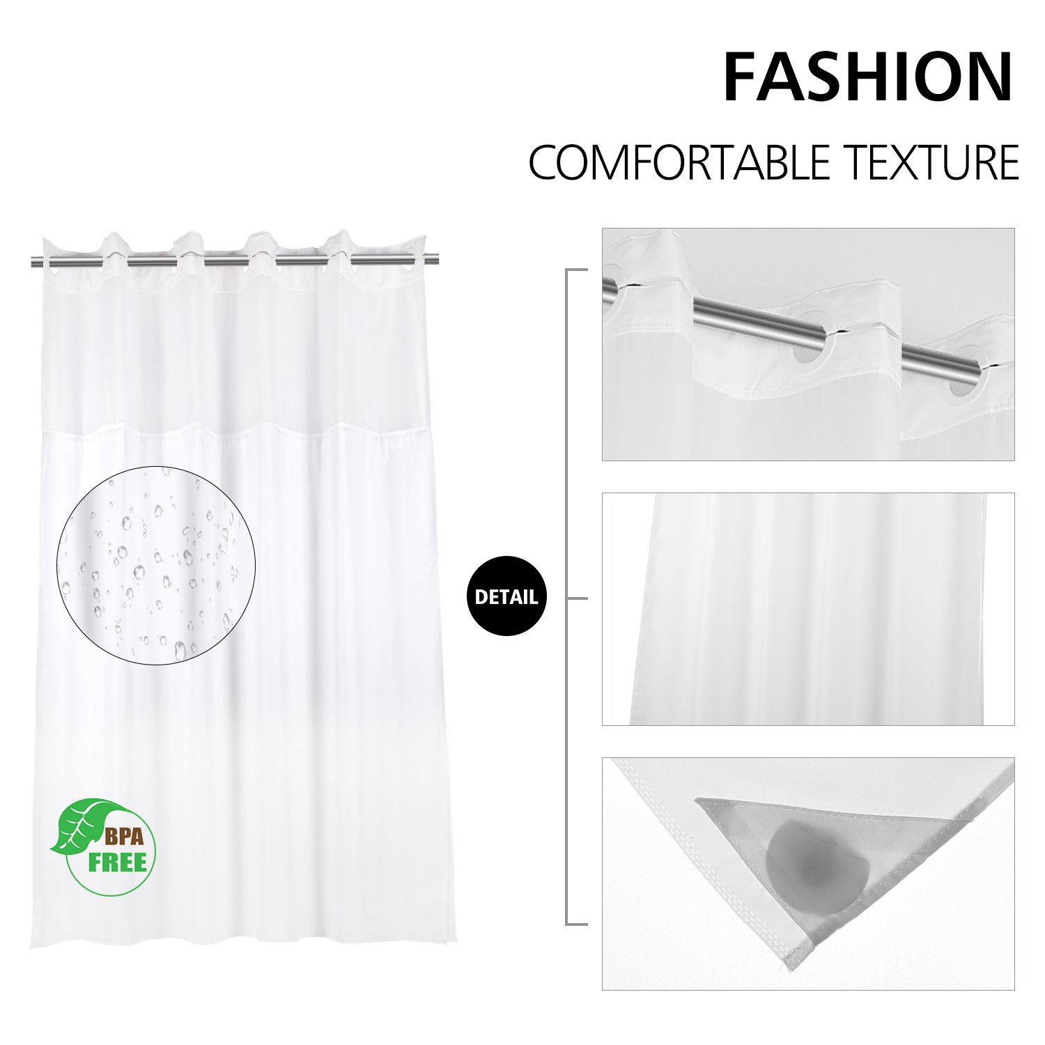 Hookless Shower Curtain with Removed Fabric Inner Liner 70.8 x 74 Inch