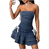 WDIRARA Women's Strapless Denim Mini Dress Bandeau Layered Ruffle A Line Bow Dresses
