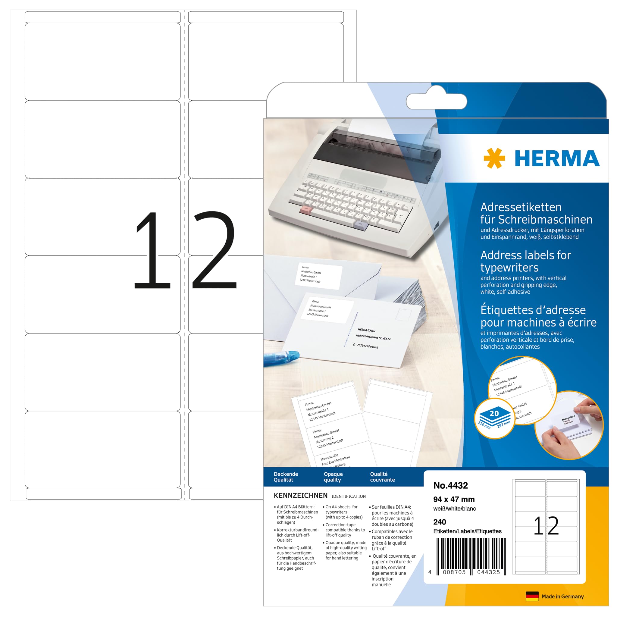 Herma Adress-Etiketten Etikett 94x47mm Adress Bogen 240Et 20BL 12ET BL