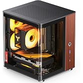 JONSBO TK-0 Black ITX Mini Tower PC Case, Hyperboloid Glass Desktop Design,Separated Cabinet Structure, Al Alloy Shell DTX/ITX Walnut Wood Computer Case, Sff Case,Black