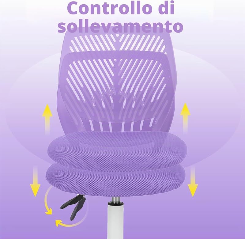 Sedia da scrivania per bambini, regolabile in altezza, girevole, con schienale con piccolo foro, adatta per camera dei bambini o sala studio, colore: viola — foto 5 di 8