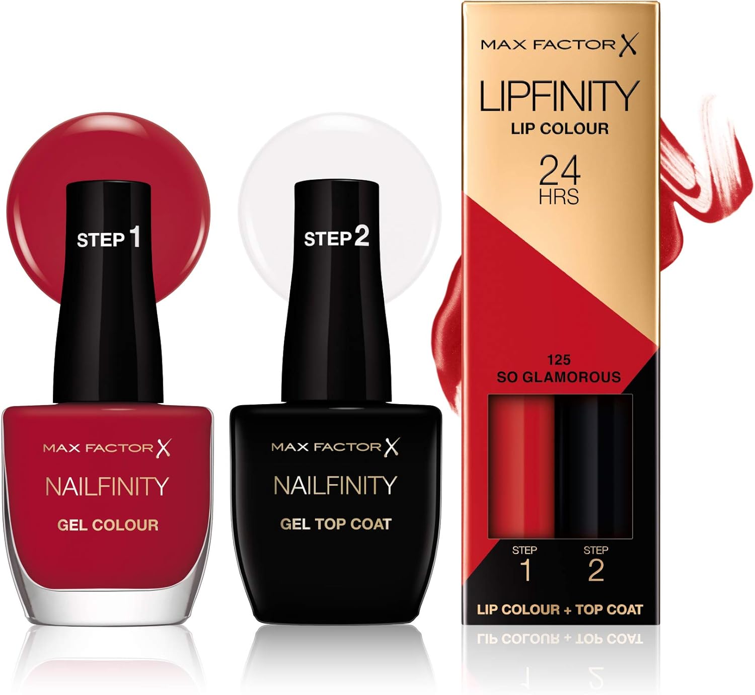 Max Factor Hollywood Duo Set, 3PC Set, Nailfinity Red Carpect Ready 310, Nailfinity The Finale Gel Top Coat 100