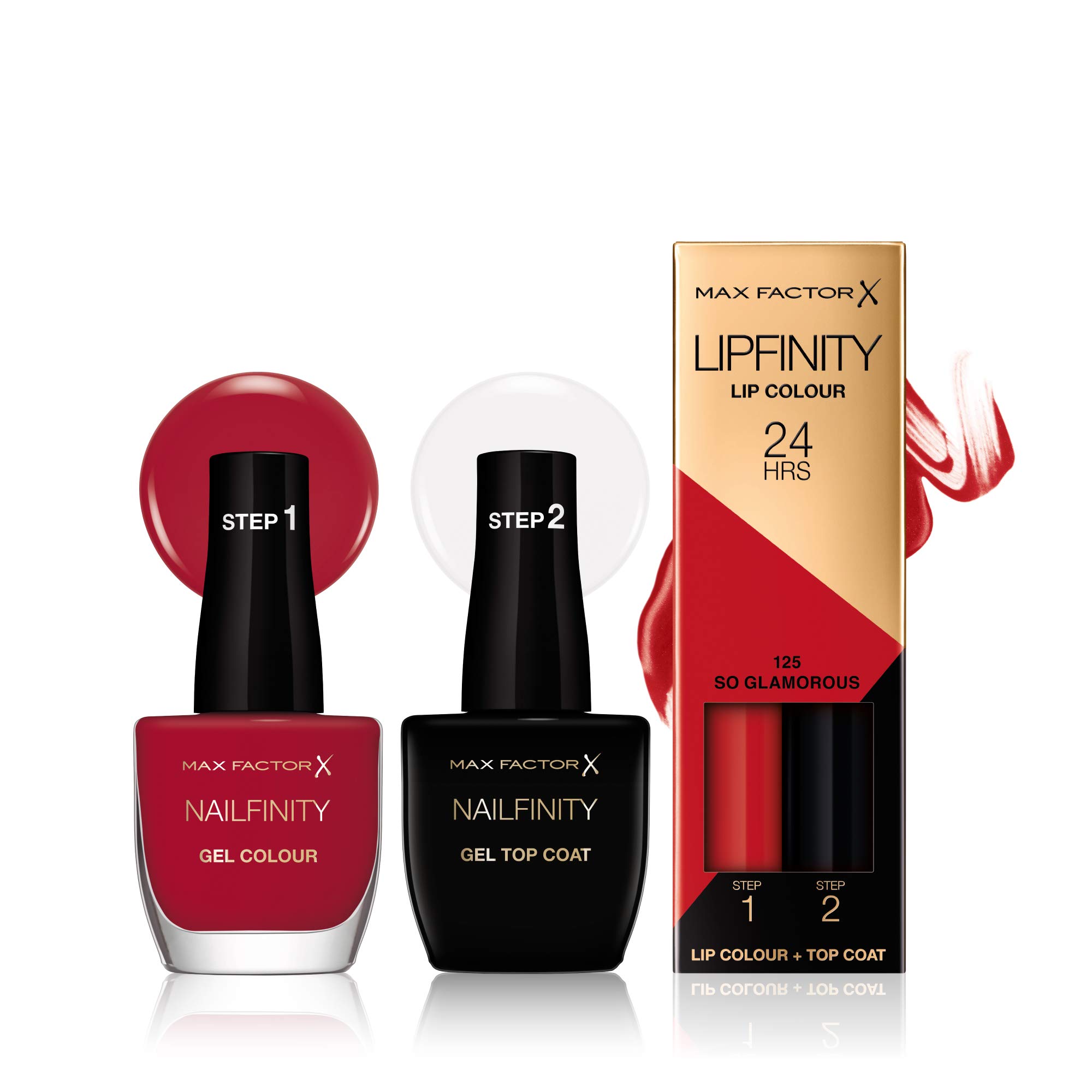 Max Factor Hollywood Duo Set, 3PC Set, Nailfinity Red Carpect Ready 310, Nailfinity The Finale Gel Top Coat 100, Long Lasting Two Step Lipstock So Glamorous 125