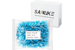 Sanuke 105Pcs 16-14 AWG - #8 Heat Shrink Ring Terminals 0.8mm Tinned Pure-Copper Marine Grade Waterproof Heat Shrink Wire Con