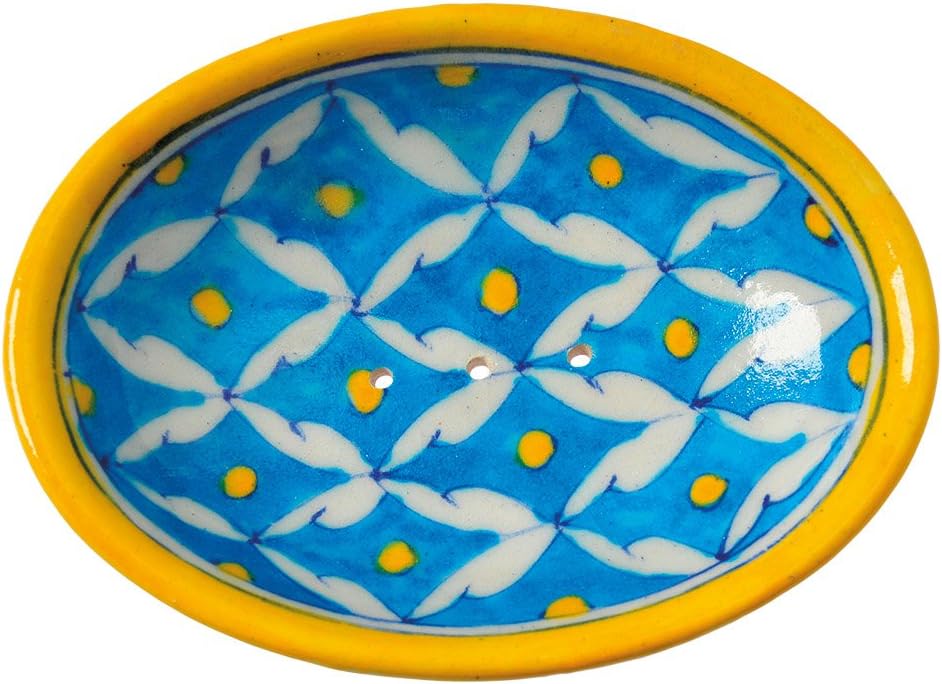 Soap Dish Tray made of Ceramics, hand-painted in light blue with holes for the water drainage 13 x 9,5 x 2 cm