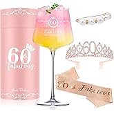 Cyrelwing 60TH Birthday Gifts for Women,Vintage Engraved 60th Wine Glass,60 Year Old Birthday Decorations For Her,60&Fabulous Sash and Tiara For Women,Friends,Sister-Turning 60th Party Favor Supplies