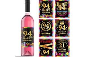 PAINTIO 94th Birthday Wine Labels - Wine Bottle Stickers Birthday Supplies for 94 Years Old Happy Birthday Party - Gift Idea for Birthday Anniversary - 94th Birthday Party Decorations [Set of 6]