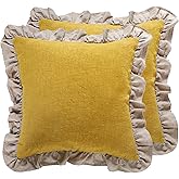 patdrea Shabby Chic Yellow Decorative Throw Pillow Covers 22x22 Set of 2,Farmhouse Linen Pillow Covers with Ruffles,Square Sturdy Throw Pillow Case for Couch Sofa Bed Living Room