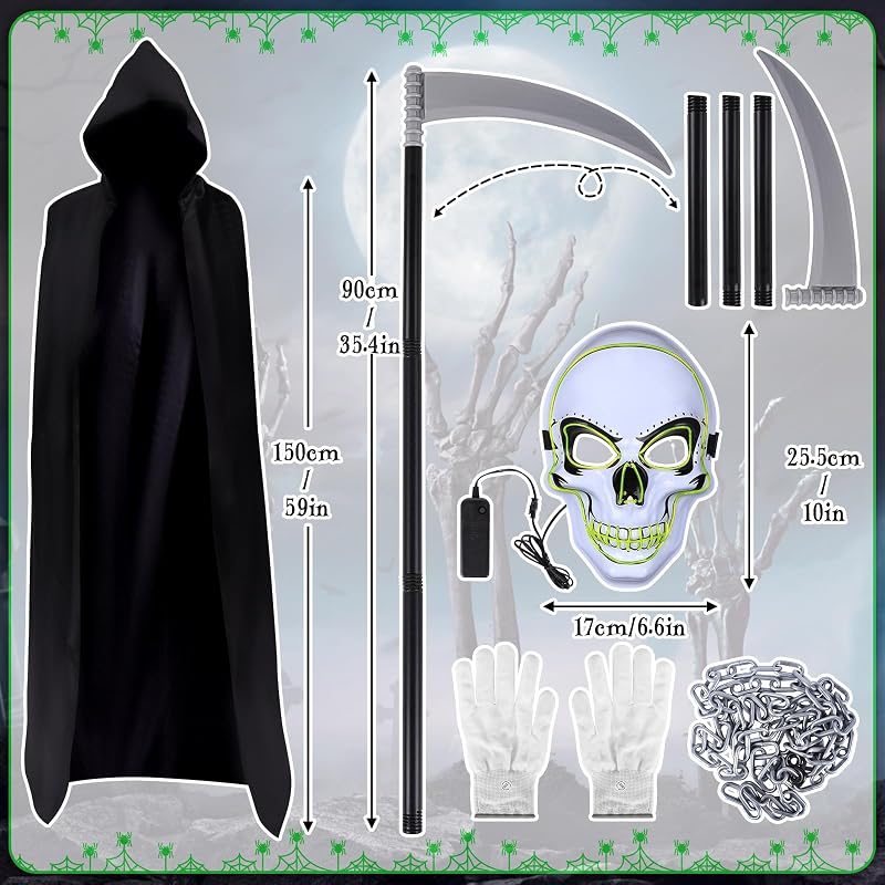Fato de Fantasma de Halloween, Fato de Ceifador da Morte, Fato de Capa com Capuz de Halloween, Cosplay de Carnaval com Foice, Máscara de Esqueleto, Luvas e Corrente para Criança Adulta — foto 3 de 6
