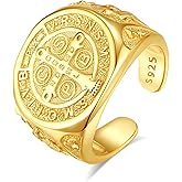 Inktree S925 Sterling Silver Crucifix Cross Saint St Benedict Ring for Women Men, Adjustable Open Ring Catholic Protection Faith Christian Jesus San Benito Exorcism Jewelry Gift for Women Men