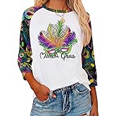 OCURHU Women Mardi Shirt 3/4 Sleeve Fat Tuesday Tshirt New Orleans Party Mask Graphic Outfits