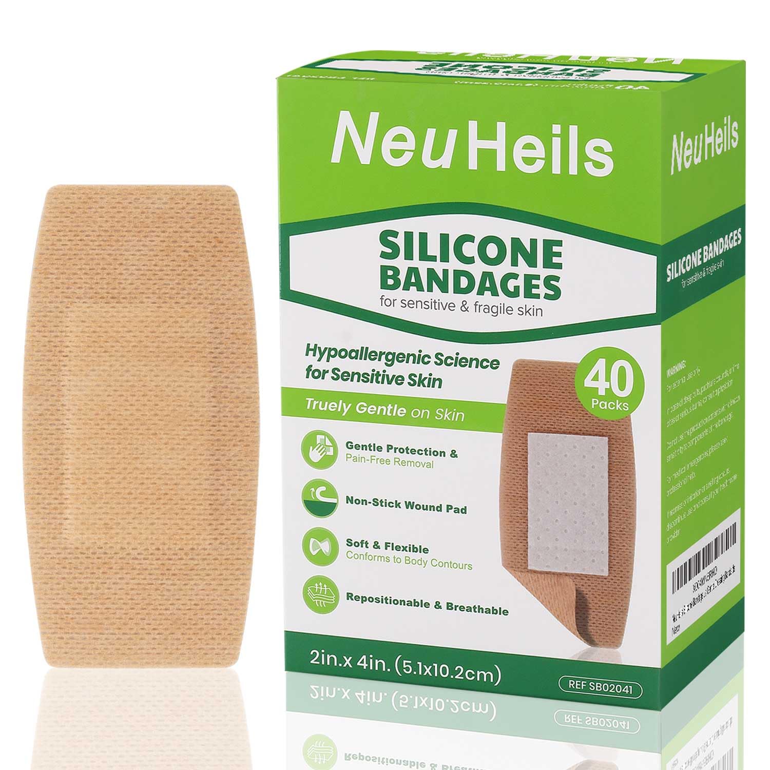 Photo 1 of NeuHeils Silicone Adhesive Bandages for Sensitive Skin – Large 2x4 Inch (40 Count) | Hypoallergenic & Waterproof Wound Care | Pain-Free Removal, Non-Stick Pad, Gentle for Fragile Skin