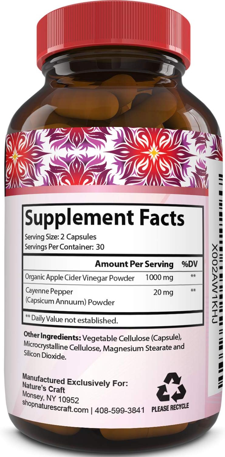 Natures Craft Apple Cider Vinegar Pills – For Weight Loss ACV Capsules Extra Strength Fat Burner Natural Supplement Pure Detox Cleanse Appetite Suppressant Immune Booster – for Women and Men 60 caps: Health & Personal Care