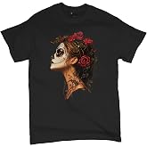 Sugar Skull Profile Men's T-Shirt Dia de Los Muertos Day of Dead Calavera Skeleton Face Gothic Elegance Floral Men's Tee