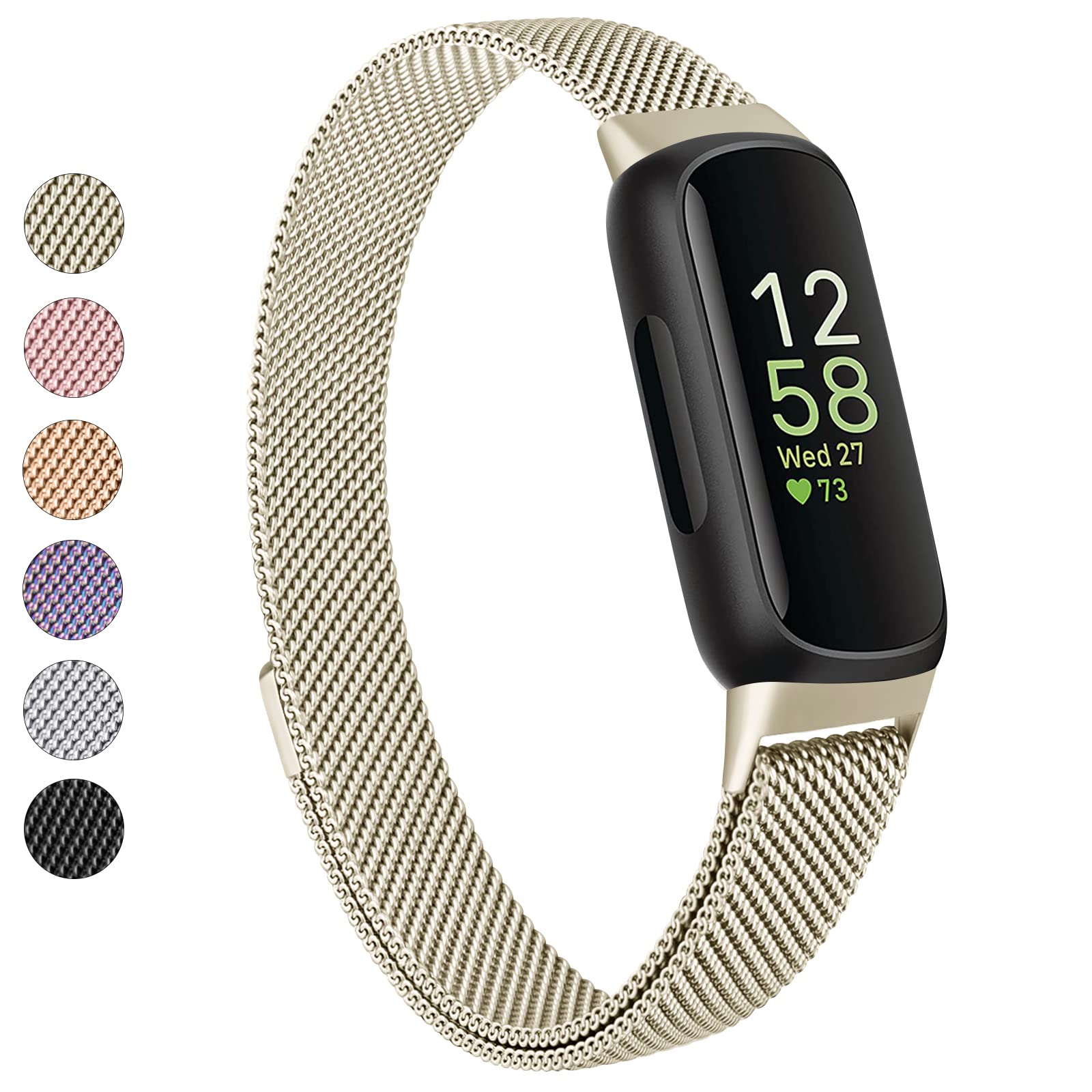 Photo 1 of Vanjua for Fitbit Inspire 3 Bands Women Men, Stainless Steel Metal Mesh Loop Adjustable Magnetic Wristband Replacement Straps Compatible with Fitbit Inspire 3 Fitness Tracker (Champagne Gold)
