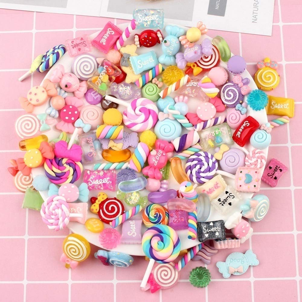 120 Pcs Slime Charms Mixed Candy Sweets Resin Flatback Slime Beads Making Supplies for DIY Scrapbooking Crafts Whith Storage Box