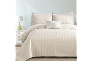 Yiran Beige Quilt Set King Size Lightweight Bedspread Ultrasonic Wave Pattern Soft Microfiber Coverlet for All Season Modern Style 3 Piece Bed Cover Sets with 2 Pillow Shams (106"x96")