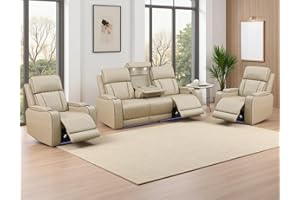 Anthato Power Recliner Sofa Set, Leather Reclining Couch & Chair Set, Living Room Furniture Sets, Luxury 3 Piece Living Room Furniture with Cup Holders/Storage/Charging for Home Theater/Office, Khaki