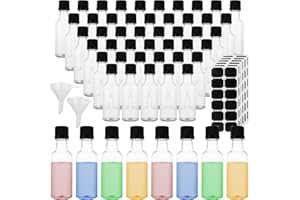 60 Pack Mini Liquor Bottles, Spirit Bottle with Black Cap,1.7oz Plastic Airtight Alcohol Shot Bottles with Funnels & Labels f