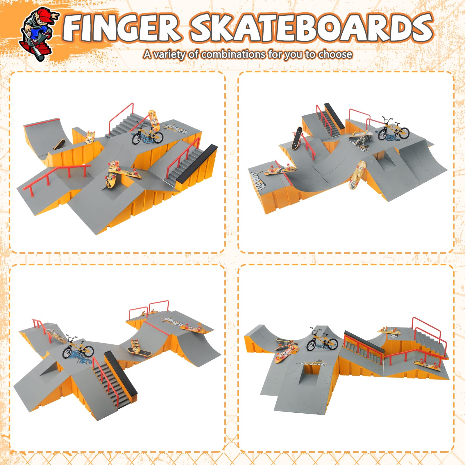 Finger Skateboard Park Kits,14-in-1 Bigger Finger Skateboard Ramp Set with 14 Ramps,8 Fingerboards,1 Finger Bike, Skate Park Kit,Fingerboard Skatepark Half Pipe Toys Gifts for Ages 3+