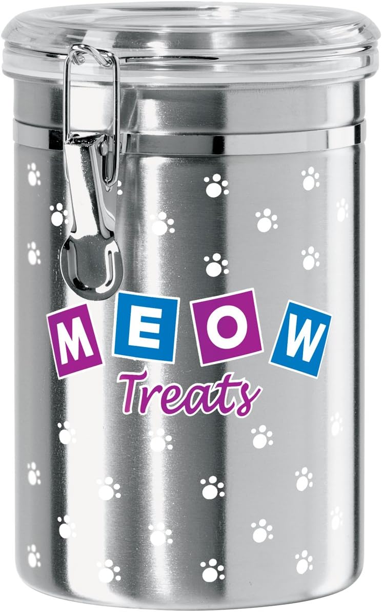 Oggi Airtight Stainless Steel 51-Ounce Pet Treat Canister with Meow Treats Motif-Clear Acrylic Flip-Top Lid with Locking Clamp Closure