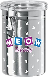 Oggi Airtight Stainless Steel 51-Ounce Pet Treat Canister with Meow Treats Motif-Clear Acrylic Flip-Top Lid with Locking Clamp Closure